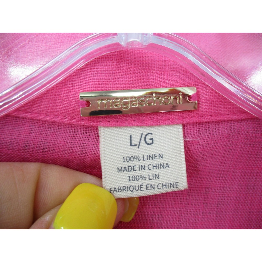 Magaschoni Blouse Womens Large Linen Button Up Oversized Long Sleeve Pocket Pink - Picture 7 of 9
